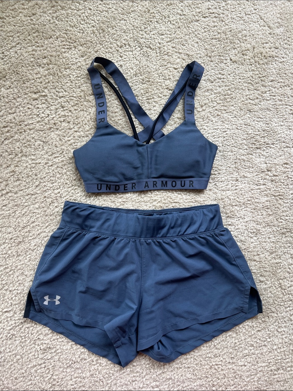 Under Armour Slate Blue Crossback Sports Bra and Running Shorts